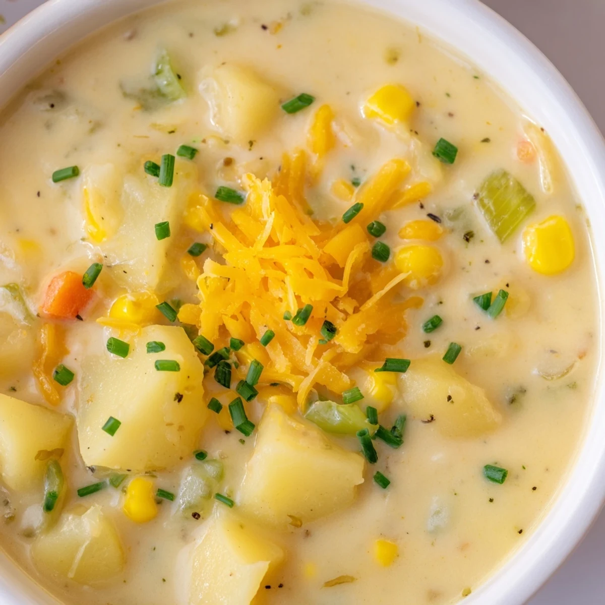 Hearty and creamy corn chowder with potatoes served in a rustic bowl, topped with chives and bacon for a comforting American meal.