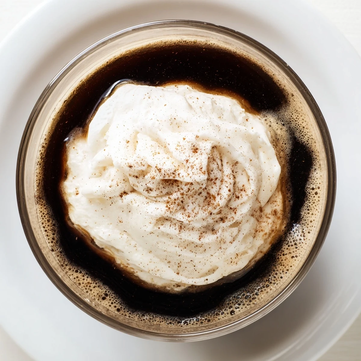 Steaming hot Irish Coffee Mocktail with Whipped Cream served beside coffee beans and a light dusting of cocoa powder on top.
