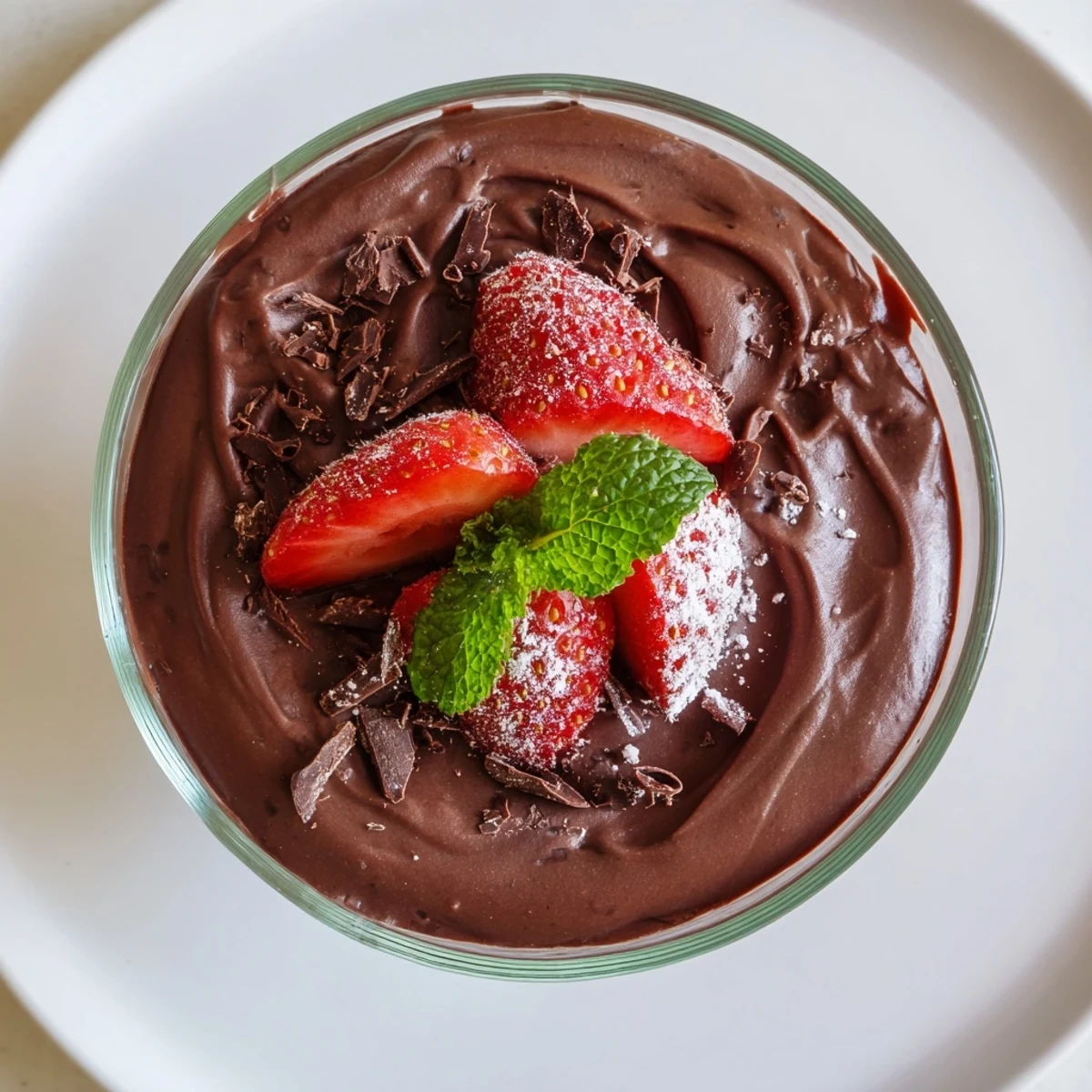 Decadent chocolate mousse topped with juicy sliced strawberries and a dusting of cocoa powder.  