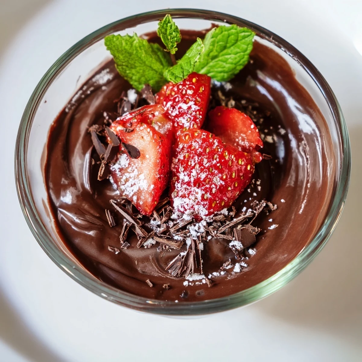 Smooth, rich chocolate mousse garnished with sweet strawberries and mint, perfect for dinner parties.