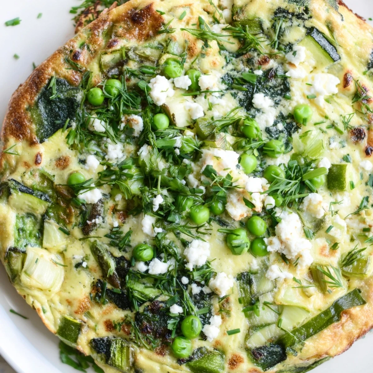 A close-up view of a freshly baked Spring Vegetable Frittata with Herbs, showcasing tender zucchini and bright green peas.