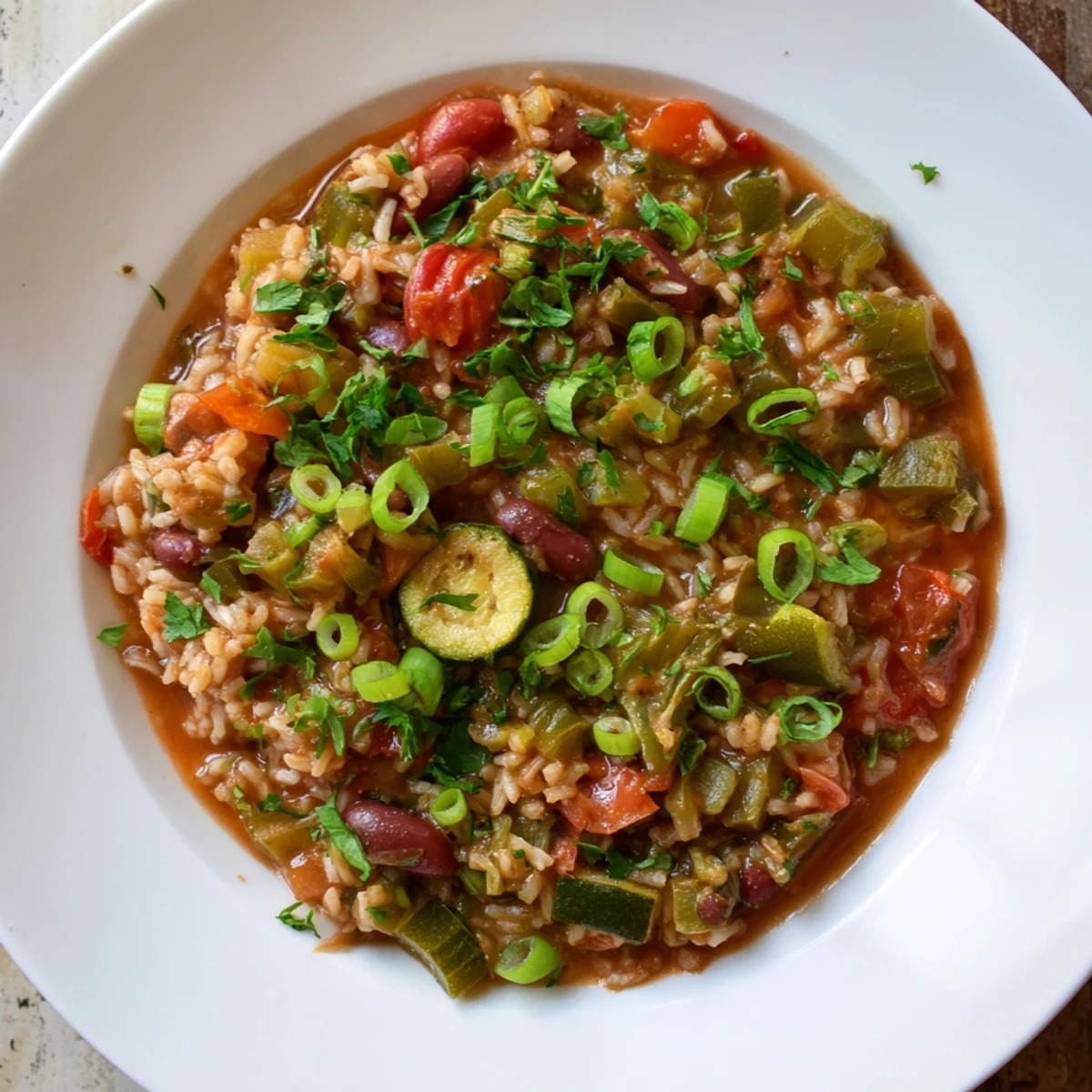 A steaming bowl of Mardi Gras Veggie Jambalaya features colorful vegetables and fluffy rice, served with fresh green onions and parsley.