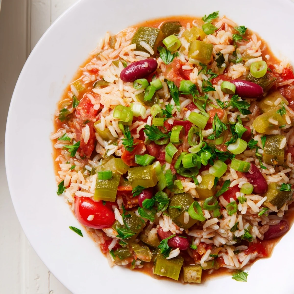 Hearty Mardi Gras Veggie Jambalaya in a rustic Dutch oven, bursting with Cajun spices, tender vegetables, and vibrant tomatoes.