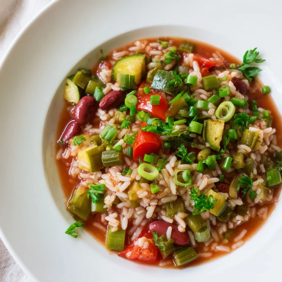 Savory Mardi Gras Veggie Jambalaya garnished with green onions and parsley, ready to be served with a dash of hot sauce.
