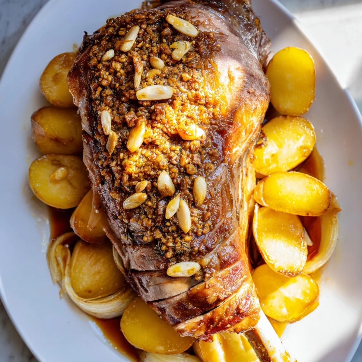 Golden-brown roasted leg of lamb rests beside crispy roasted potatoes on a rustic platter, garnished with fresh rosemary and thyme.
