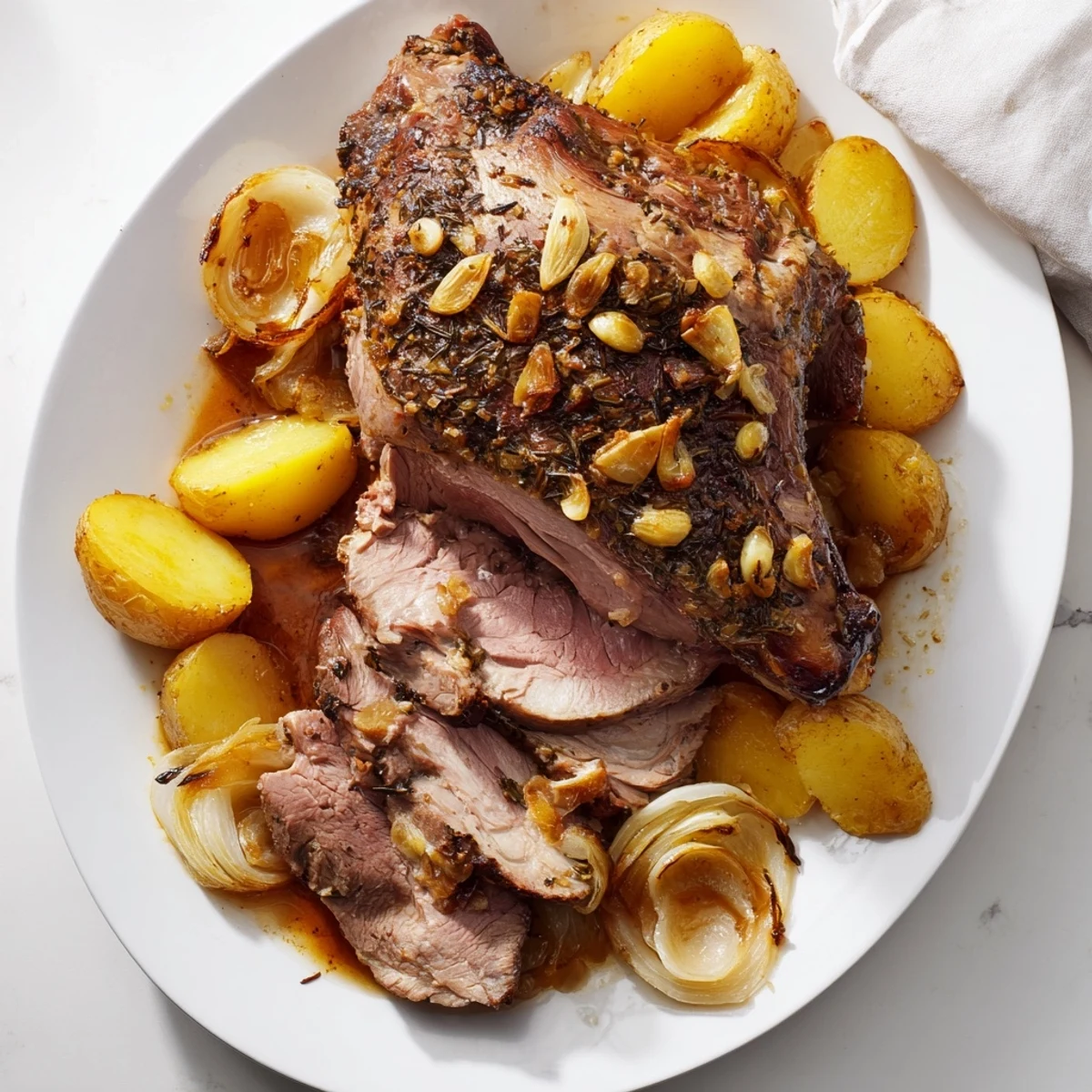 A festive roasted leg of lamb is served family-style with golden potatoes and herbs, perfect for a special Sunday dinner.