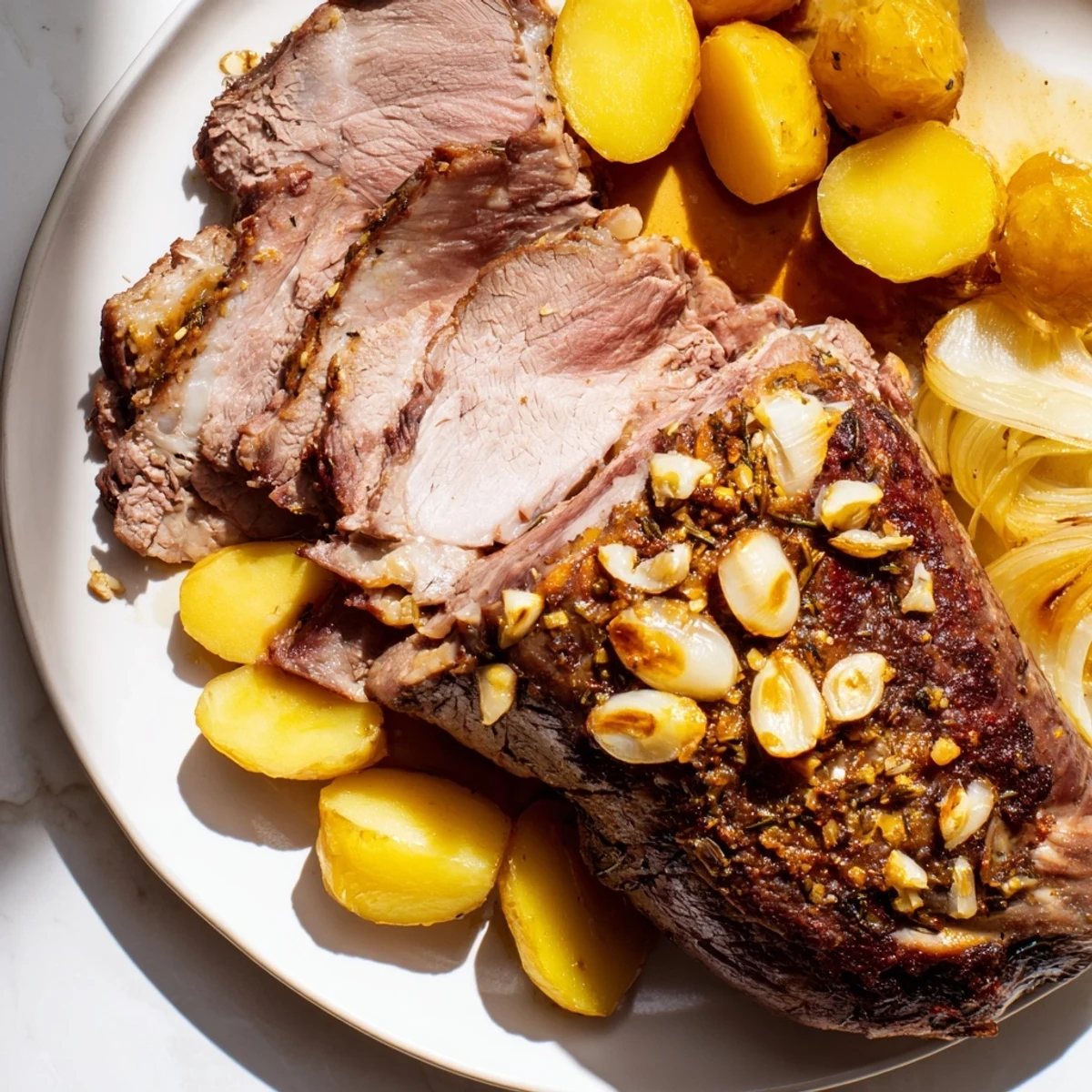 Freshly carved slices of herb-crusted leg of lamb are arranged with tender roasted potatoes and onions, drizzled with pan juices.