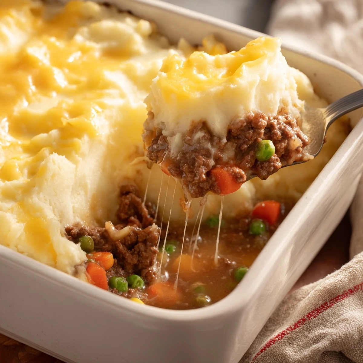 Savory ground beef filling topped with creamy, melted cheddar mash for a comforting main dish dinner.