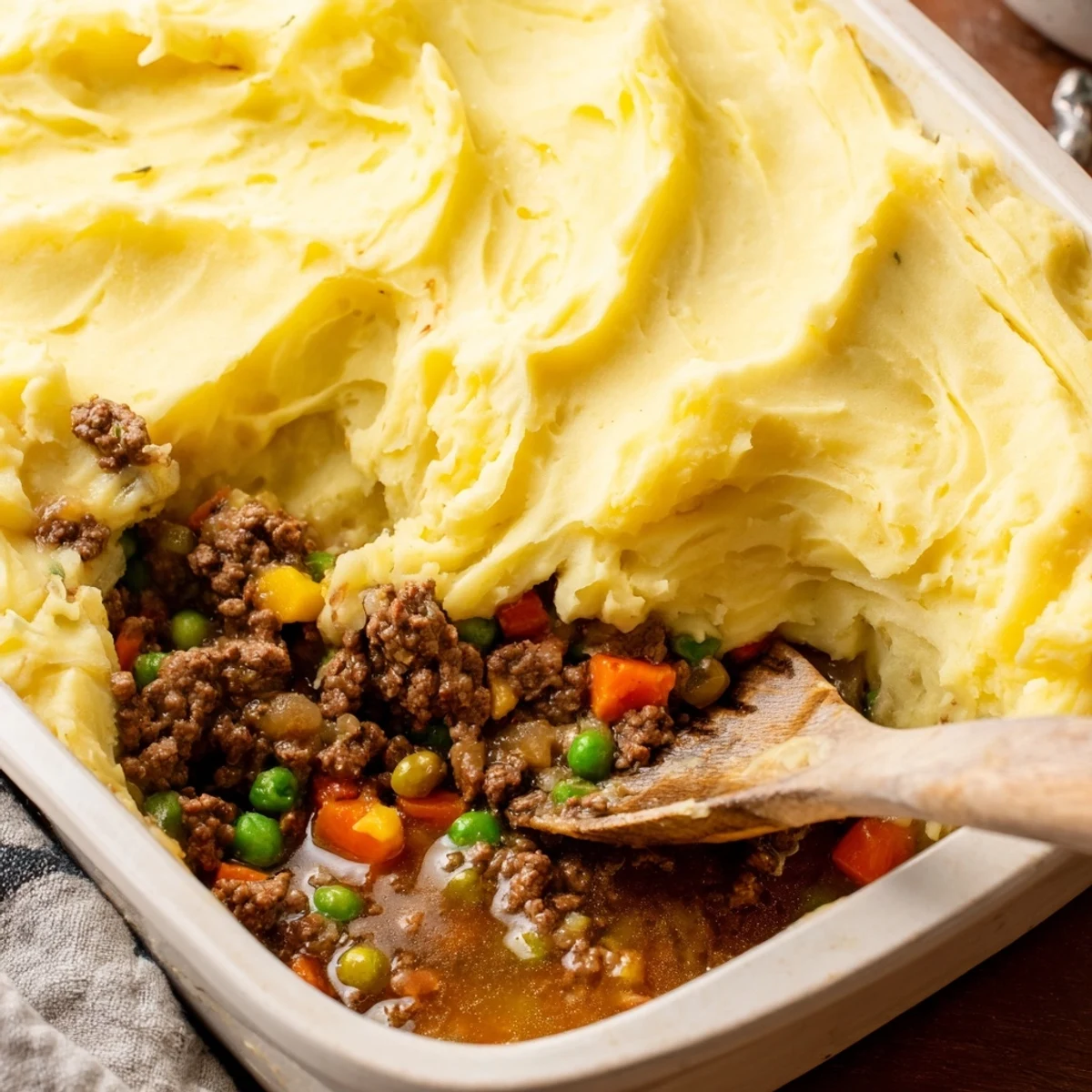 Golden baked Beef Shepherds Pie with Cheddar Mash in a rustic dish, served hot with a side salad.