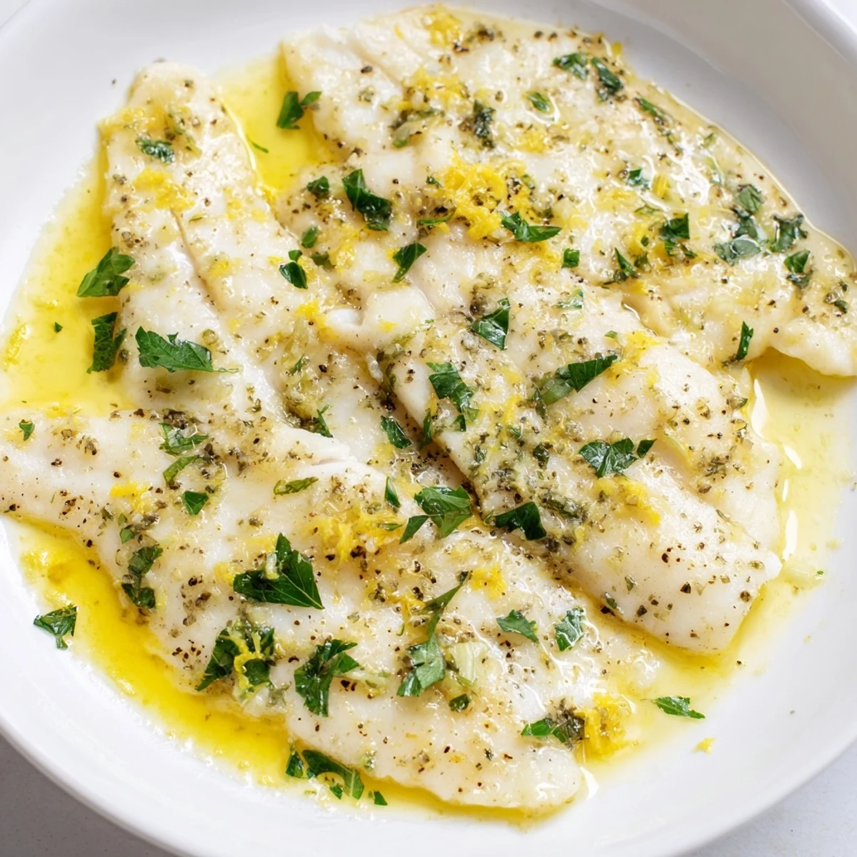A close-up of baked tilapia with lemon butter sauce, served on a white plate with lemon wedges.
