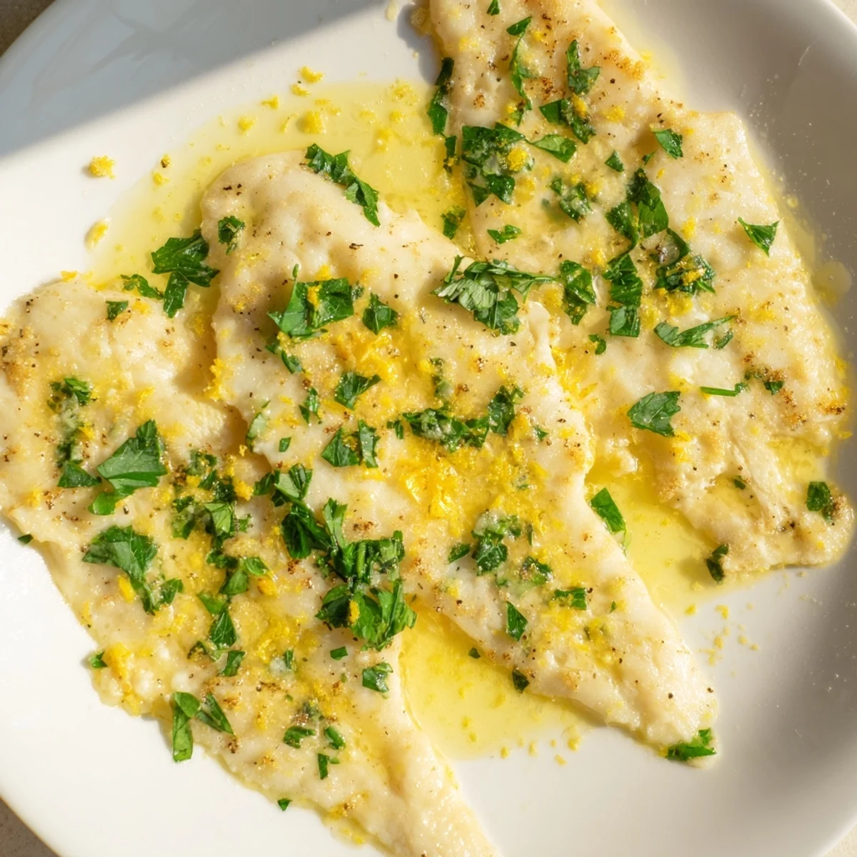 Tender baked tilapia with lemon butter sauce and fresh parsley, ready to be enjoyed.