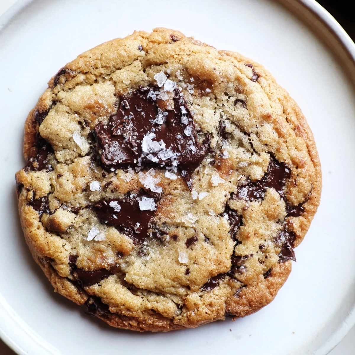 Golden-brown Chocolate Chip Cookies with Sea Salt displayed on a cooling rack with melty chocolate puddles.