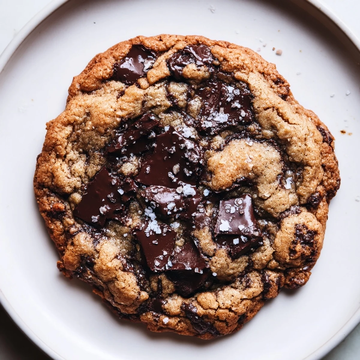 A close-up of Chocolate Chip Cookies with Sea Salt showing chewy centers, crisp edges, and flaky salt crystals.