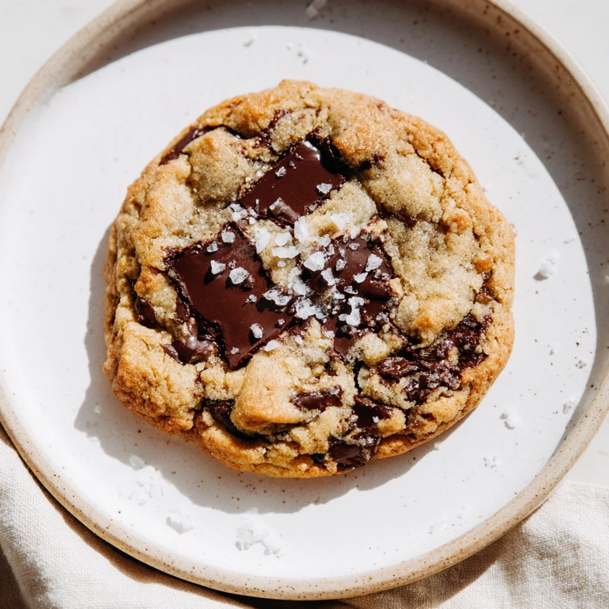 Freshly baked Chocolate Chip Cookies with Sea Salt served on a rustic plate beside a tall glass of milk.