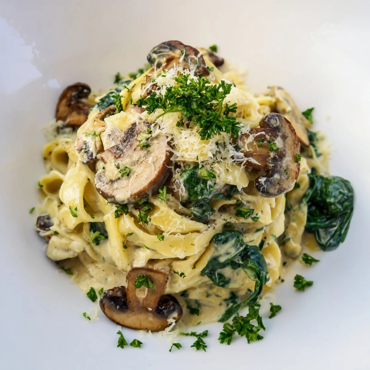 Creamy Mushroom and Spinach Pasta served in a white bowl, garnished with parsley and extra Parmesan.  