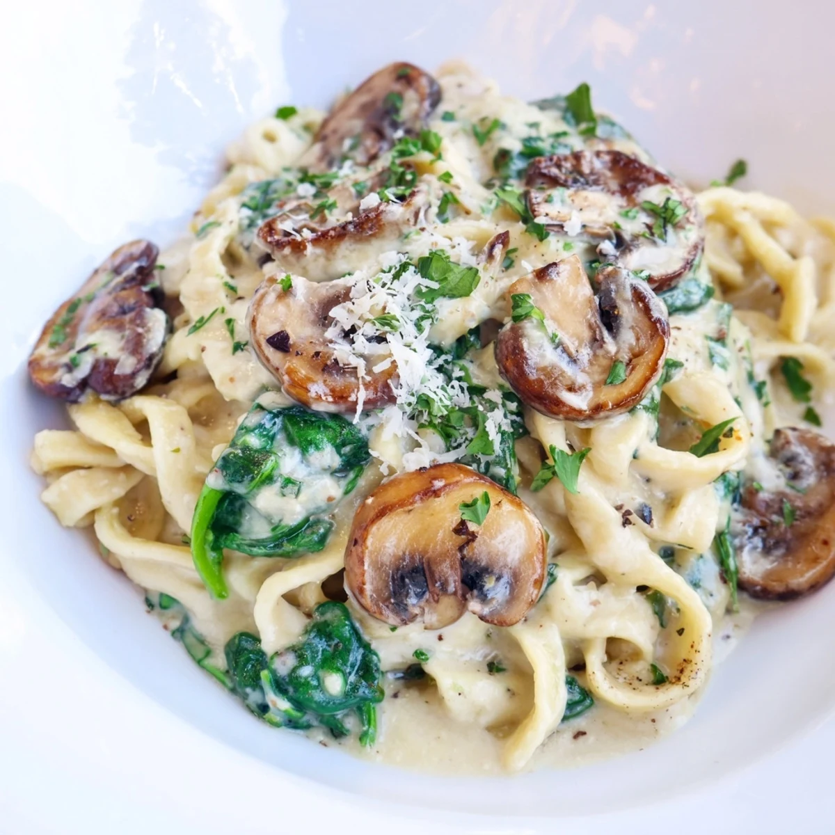 Golden sautéed mushrooms and wilted spinach tossed in garlic cream sauce for this Creamy Mushroom and Spinach Pasta.  