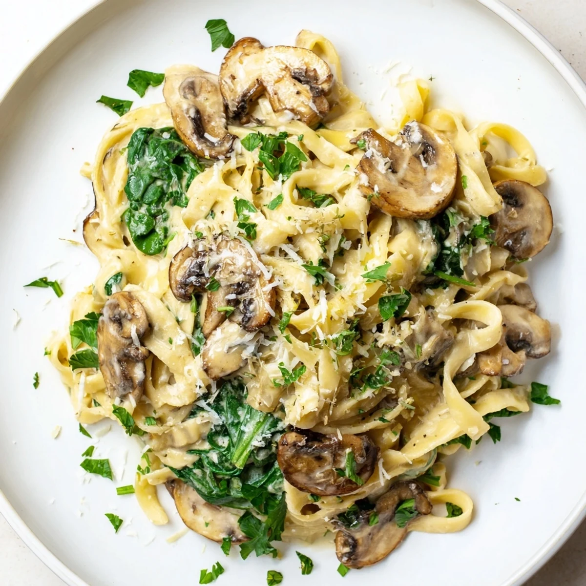 Ready-to-serve Creamy Mushroom and Spinach Pasta on a rustic wooden table with a glass of white wine.