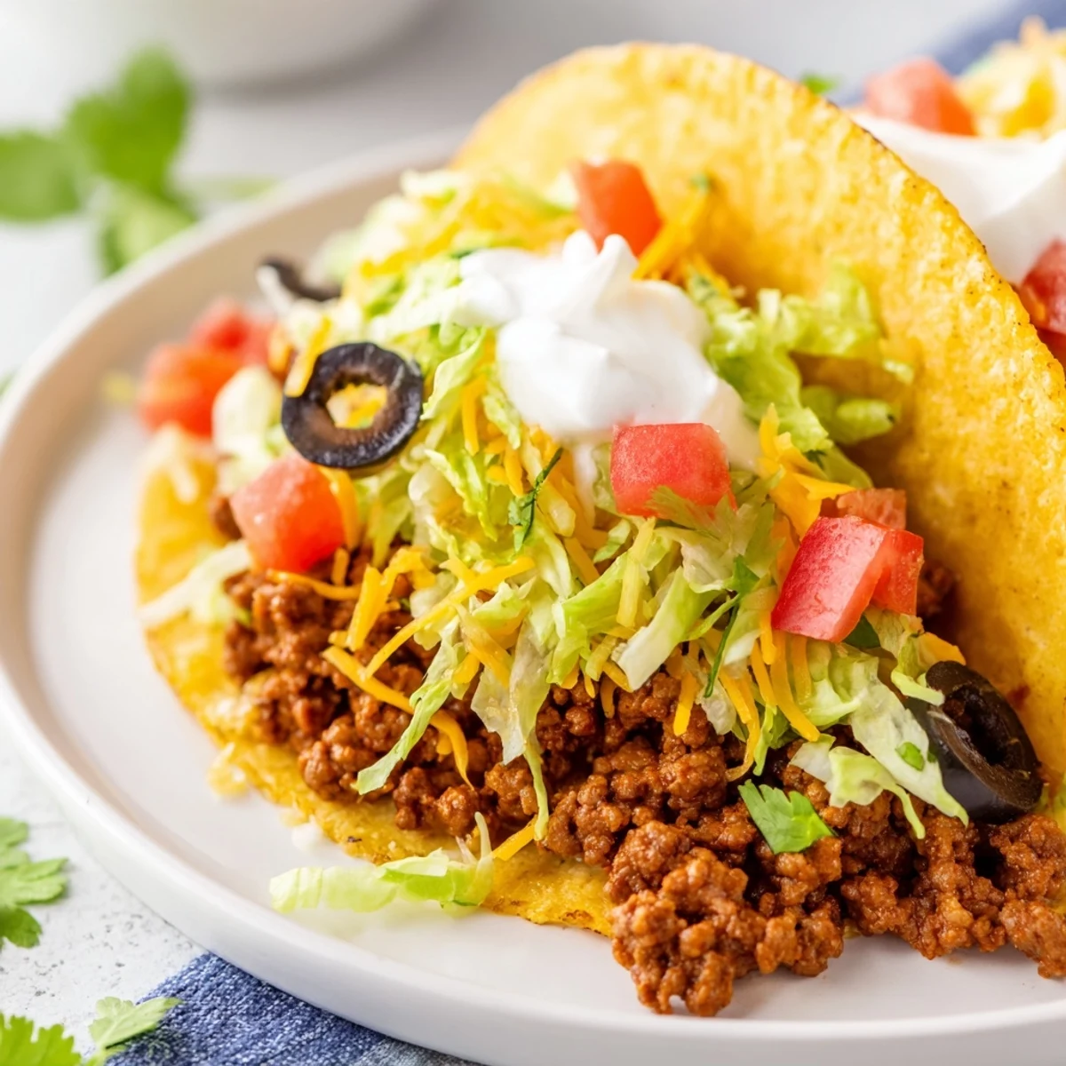 Golden-brown hard taco shells are brimming with savory seasoned beef, topped with shredded lettuce, diced tomatoes, and melted cheddar cheese.