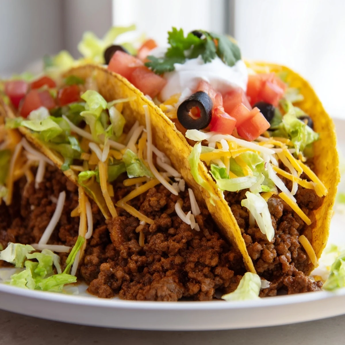 A close-up view shows Beef Tacos with Hard Shells garnished with fresh cilantro and a squeeze of lime on a rustic plate.