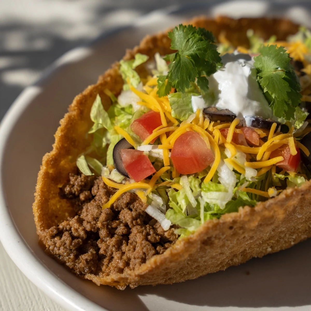 Freshly assembled Beef Tacos with Hard Shells feature creamy sour cream and sliced black olives on a colorful plate, ready to eat.