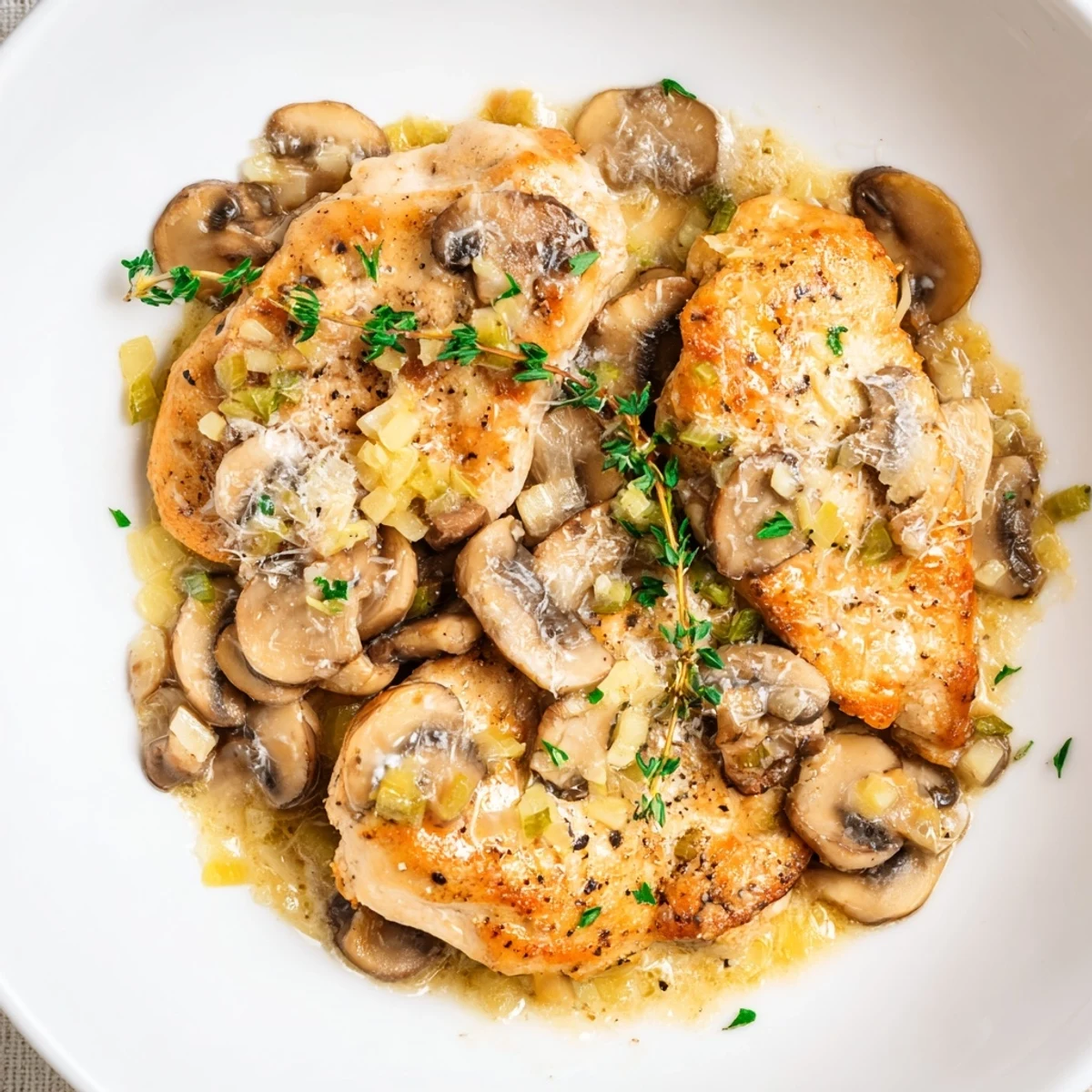 Golden seared chicken breasts nestled in a creamy mushroom sauce with thyme and garlic inside a rustic cast iron skillet.