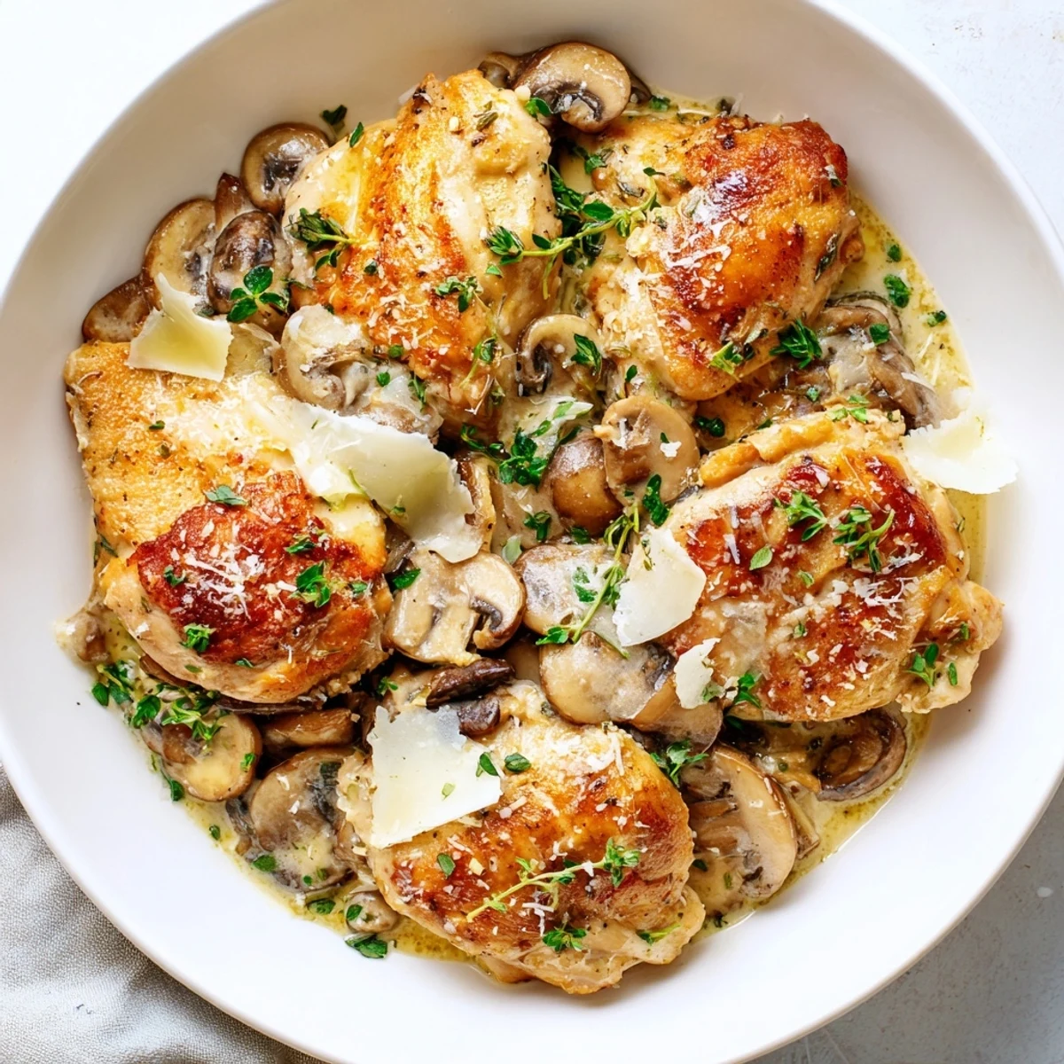Sizzling Creamy Mushroom Chicken Skillet in a deep skillet with wooden spoon, steam rising from rich, velvety sauce.