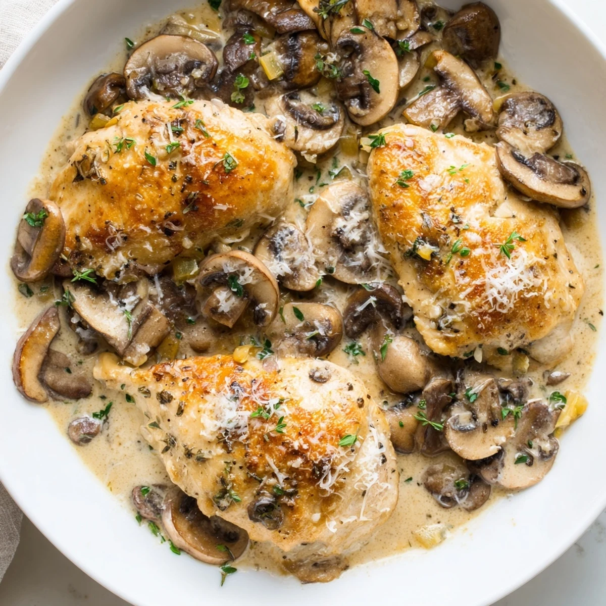 Creamy Mushroom Chicken Skillet served over fluffy mashed potatoes with fresh parsley garnish on a white dinner plate.