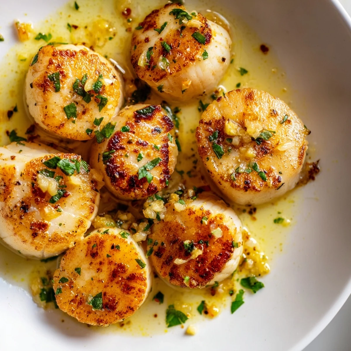 Golden-brown seared Lemon Garlic Scallops glisten in a buttery lemon sauce, served alongside angel hair pasta and a lemon wedge.