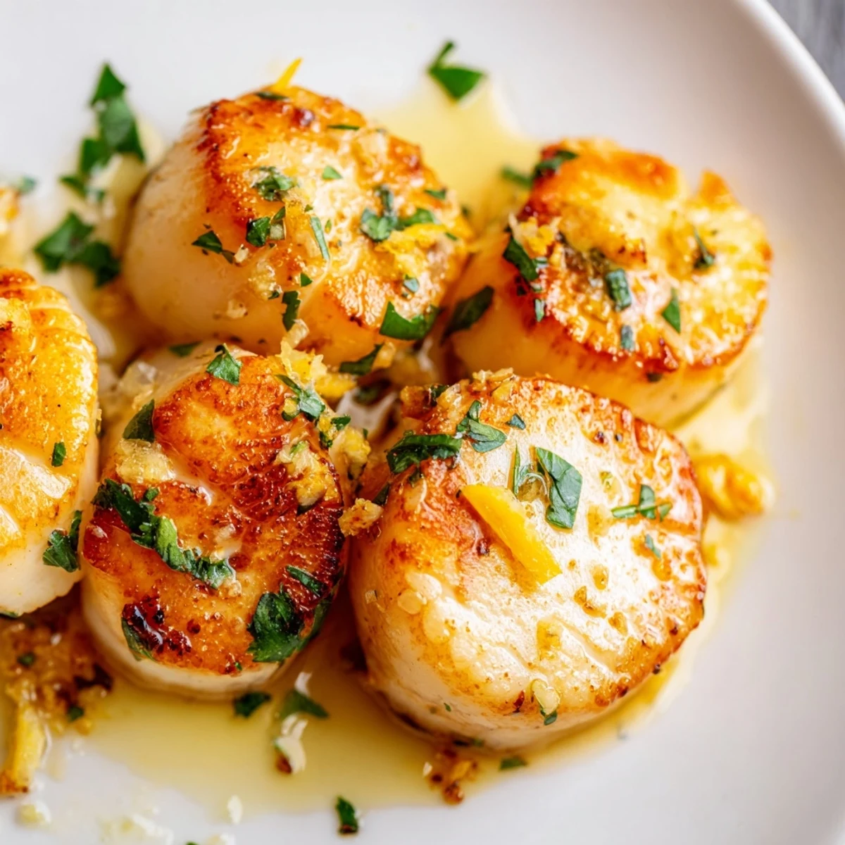 Freshly chopped parsley tops tender Lemon Garlic Scallops in a sizzling pan, highlighting the vibrant Mediterranean flavors.