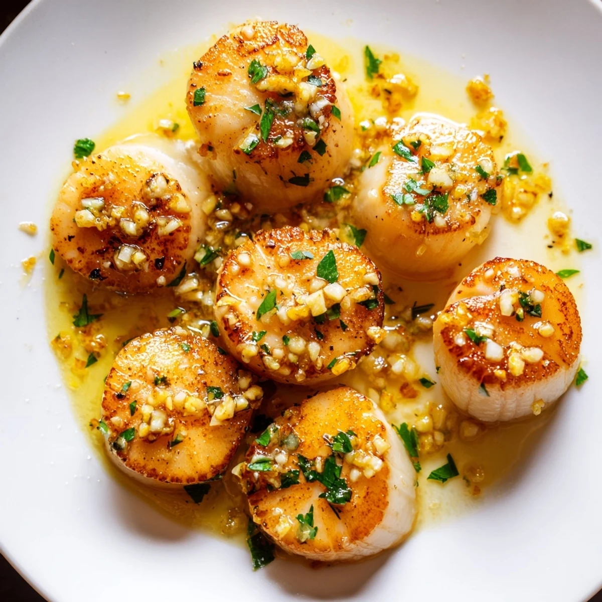 Lemon Garlic Scallops plated elegantly with crusty bread for dipping into the rich, zesty butter sauce.