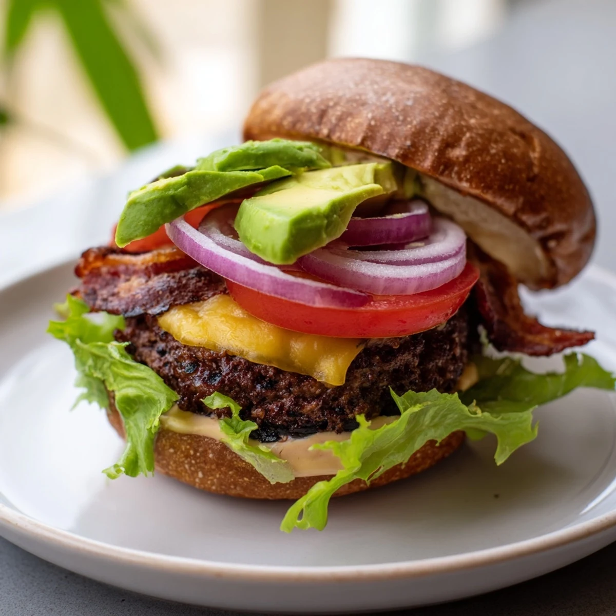 Juicy grilled beef burger with creamy avocado and crispy beef bacon on a toasted bun.