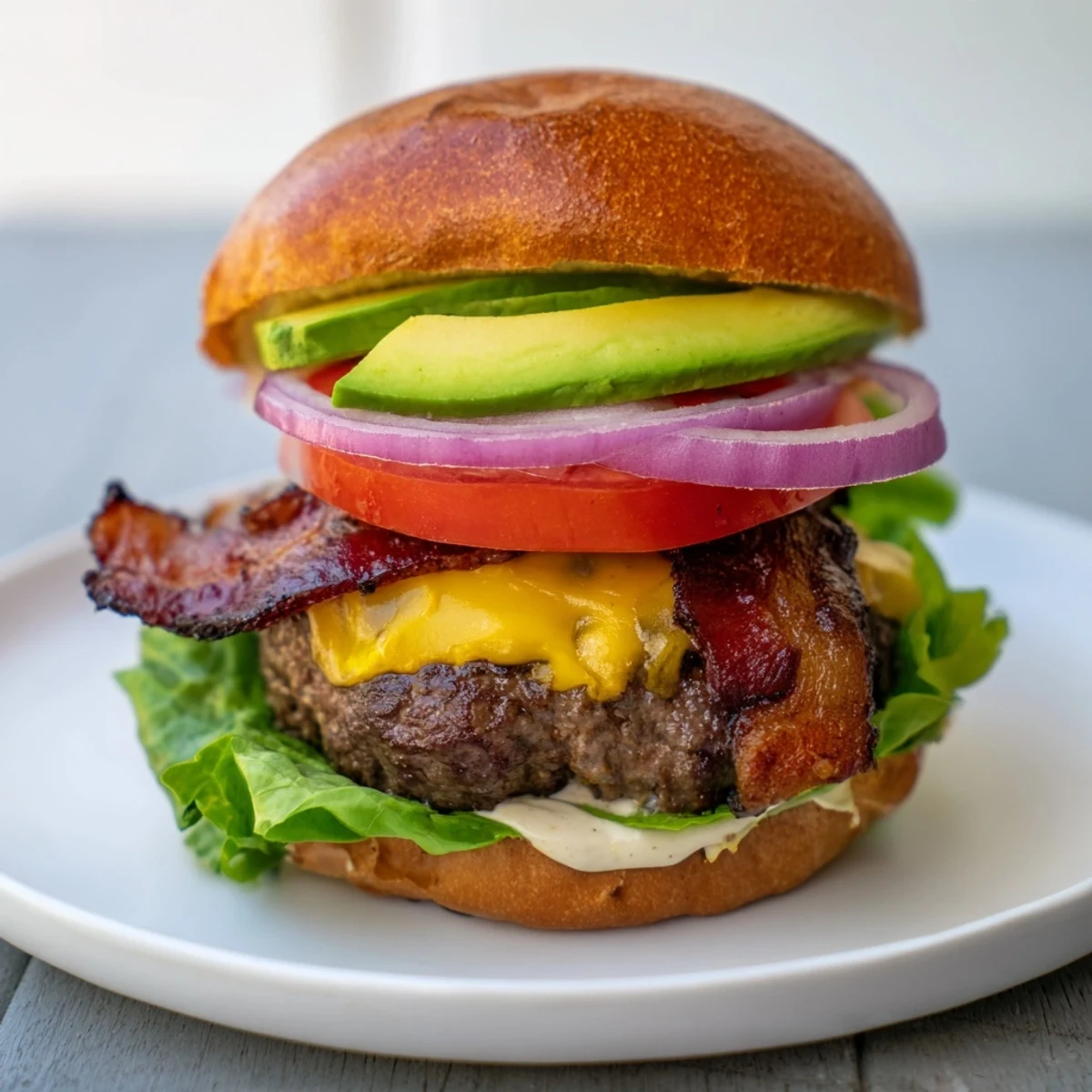 This classic beef burger features golden beef bacon and ripe avocado slices on a toasted bun.