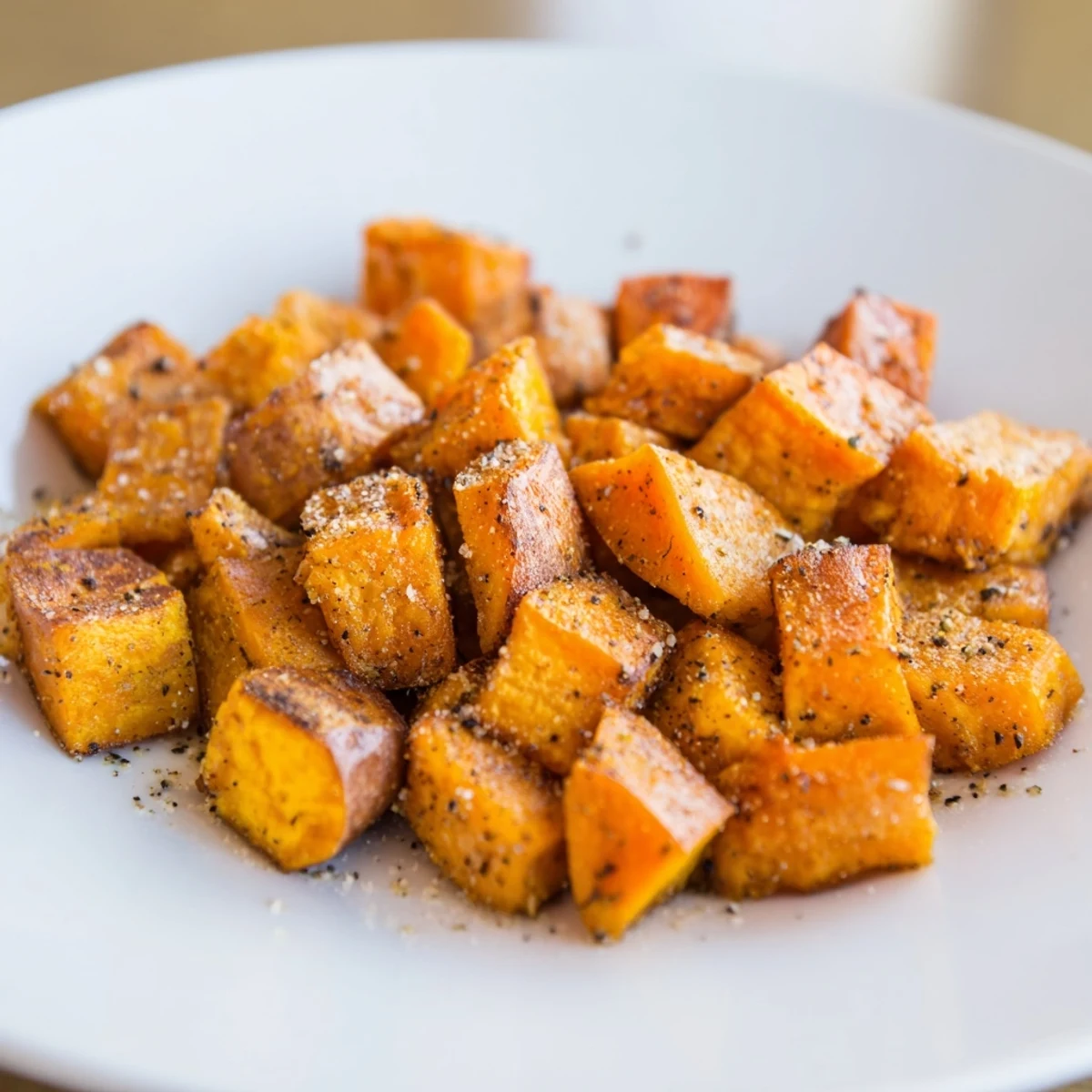 Golden brown cubes of Roasted Sweet Potatoes with Cinnamon sit caramelized on a parchment-lined baking sheet, garnished with fresh herbs.  