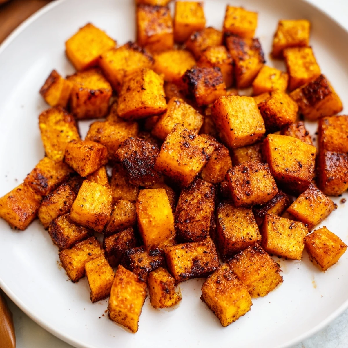 A close-up of Roasted Sweet Potatoes with Cinnamon shows crisp edges and a dusting of cinnamon over tender orange wedges.  