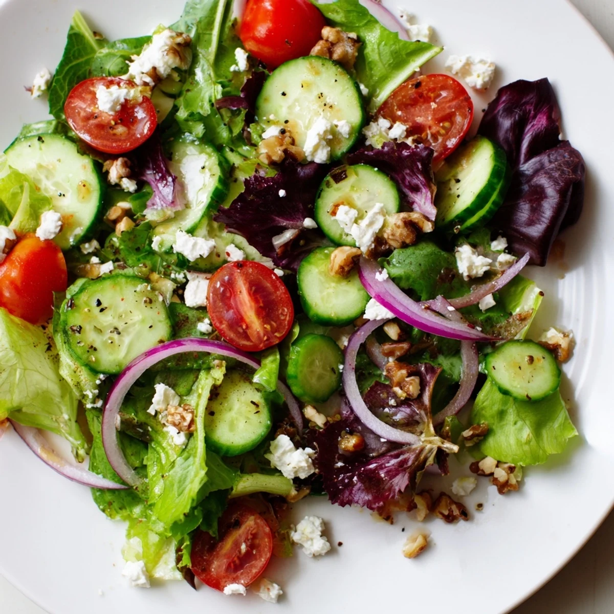 A vibrant Spring Mix Salad with Vinaigrette served in a white bowl with cherry tomatoes and feta.