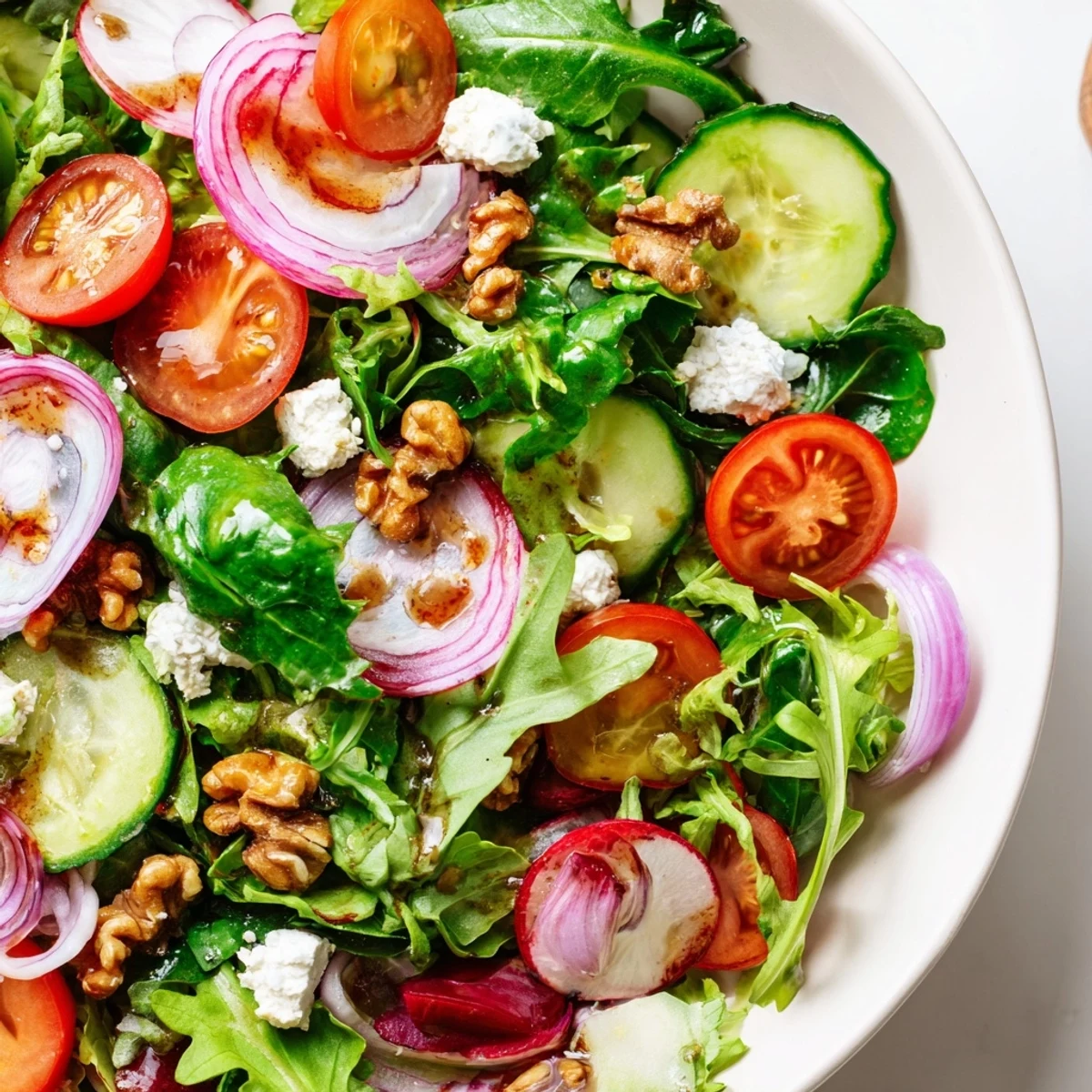 Fresh Spring Mix Salad with Balsamic Vinaigrette topped with crumbled feta and walnuts on a white plate.