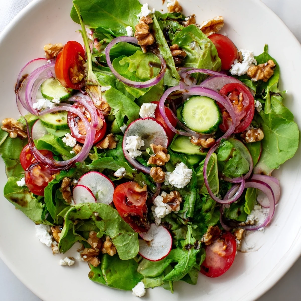 A vibrant Spring Mix Salad with Balsamic Vinaigrette features red cherry tomatoes and cucumber slices.