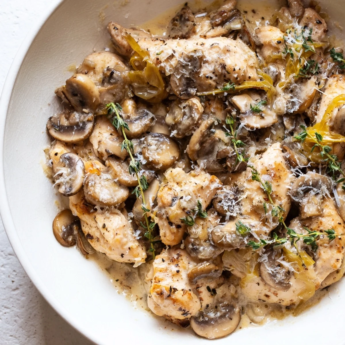 Tender chicken breasts and sliced mushrooms in a creamy garlic sauce fill this skillet, perfect over mashed potatoes. Creamy Mushroom Chicken Skillet with Garlic.