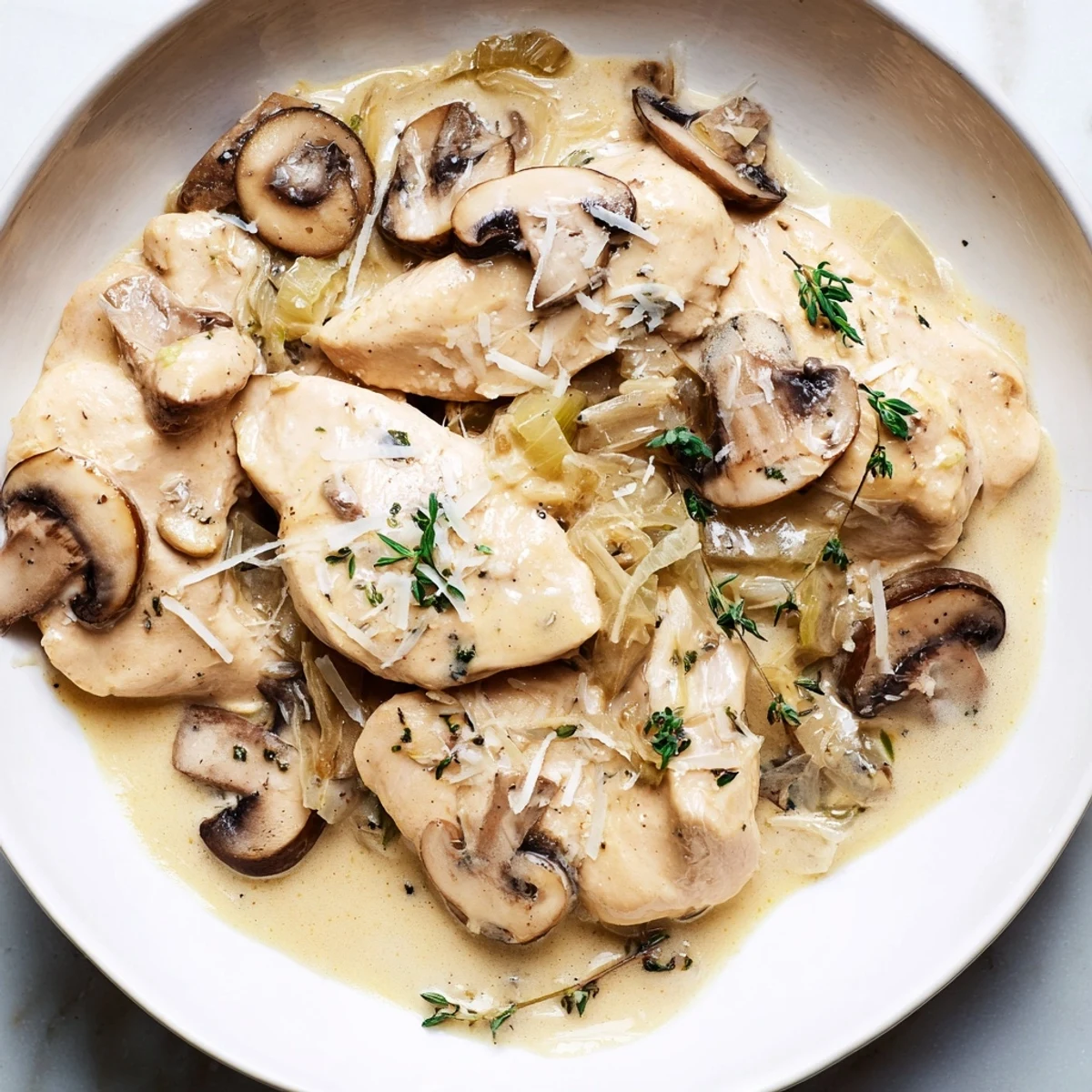Sizzling skillet of creamy mushroom chicken with garlic, served alongside steamed green beans and crusty bread on the side. Creamy Mushroom Chicken Skillet with Garlic.