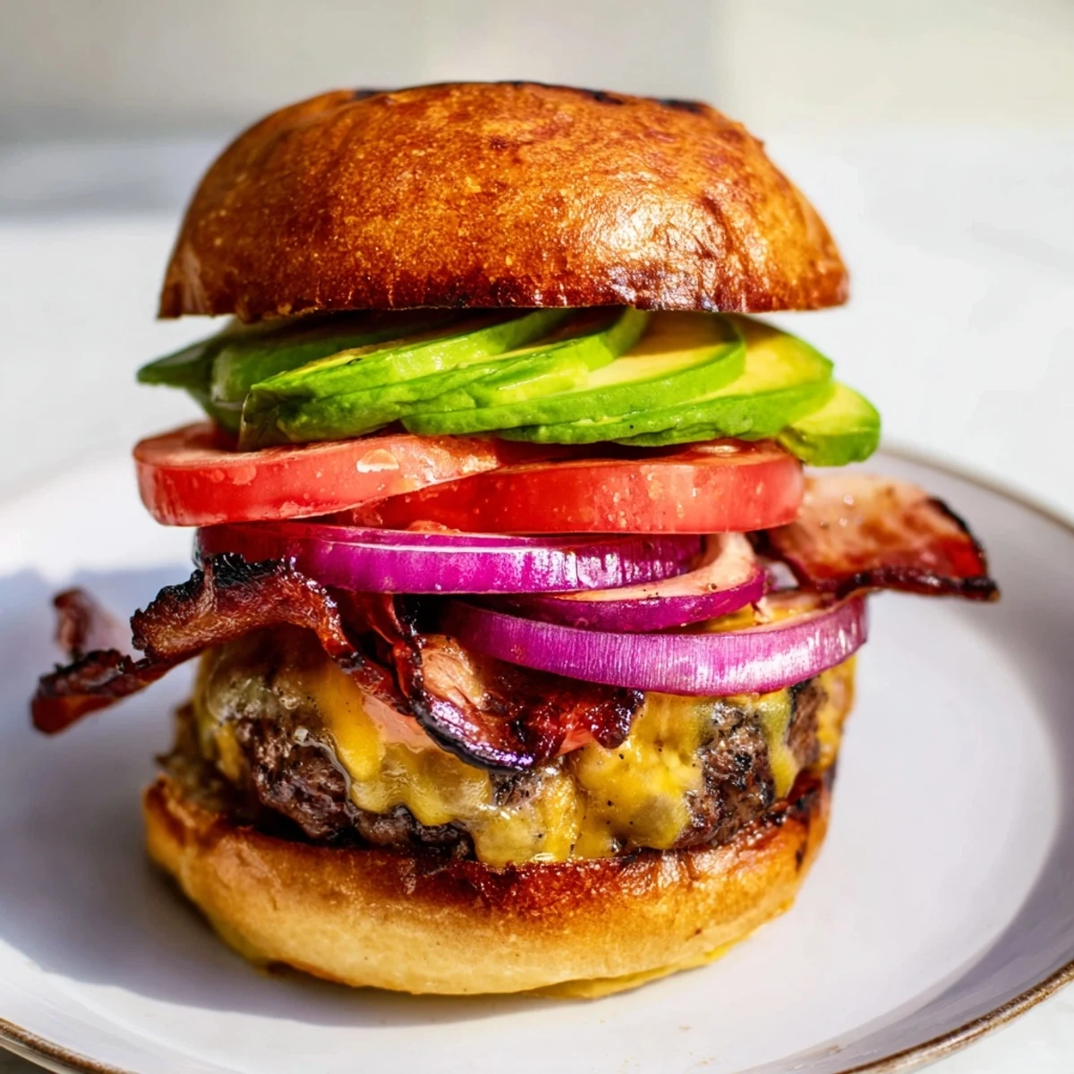 Juicy grilled Beef Burger with Avocado and Beef Bacon topped with creamy avocado slices, crispy beef bacon, and ripe tomato on a plate.