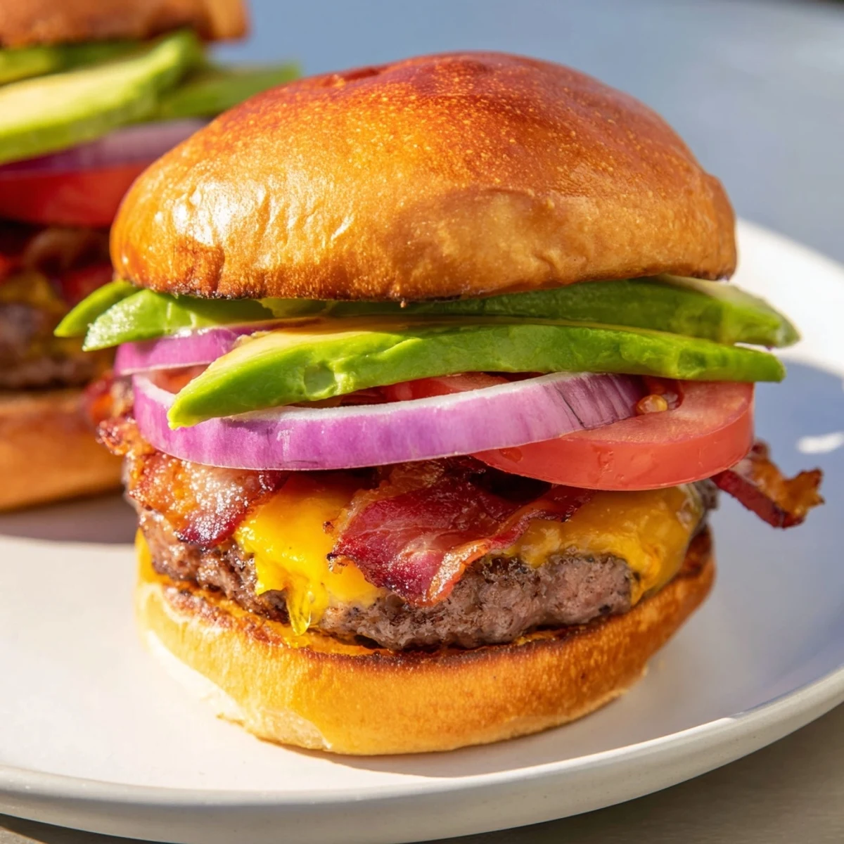 A close-up of a Beef Burger with Avocado and Beef Bacon on a toasted brioche bun, with melted cheddar and fresh lettuce.