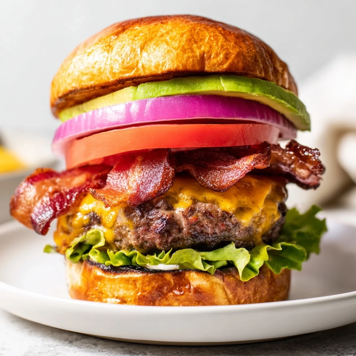 Overhead view of a freshly assembled Beef Burger with Avocado and Beef Bacon, with red onion and pickles beside sweet potato fries.