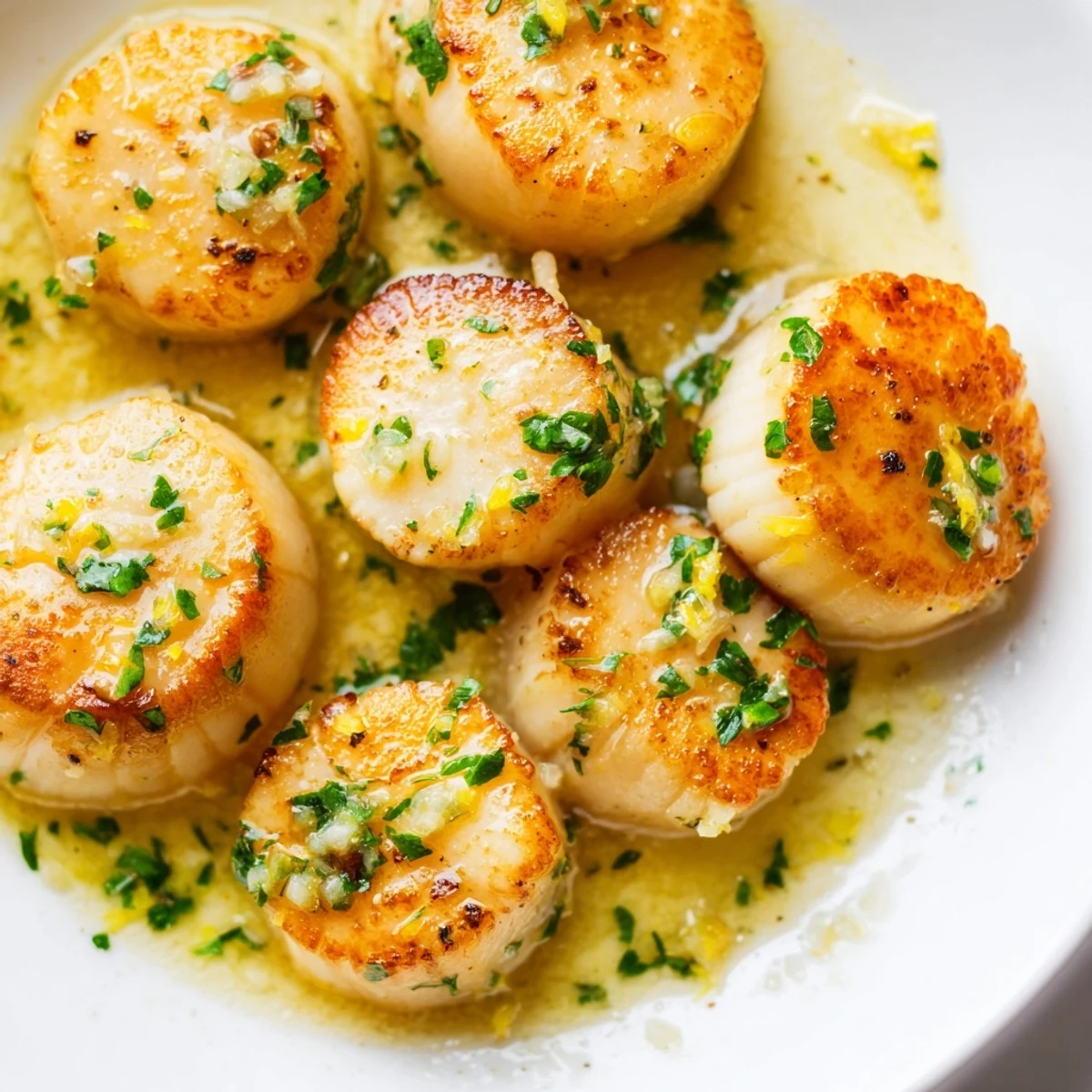 Pan-seared Lemon Garlic Scallops glistening with butter and fresh parsley on a plate.