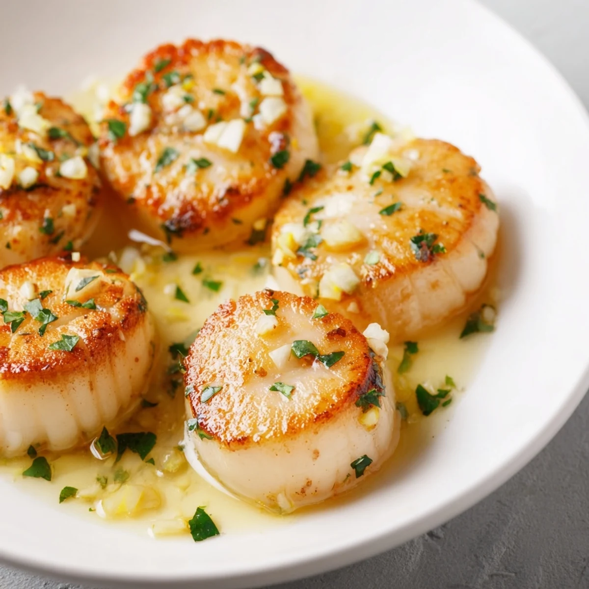 A close-up of Lemon Garlic Scallops served with crusty bread to soak up sauce.