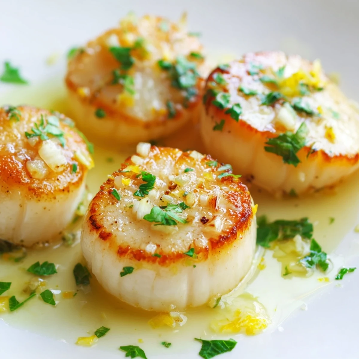 Lemon Garlic Scallops plated with a garnish of chopped parsley and a lemon wedge.