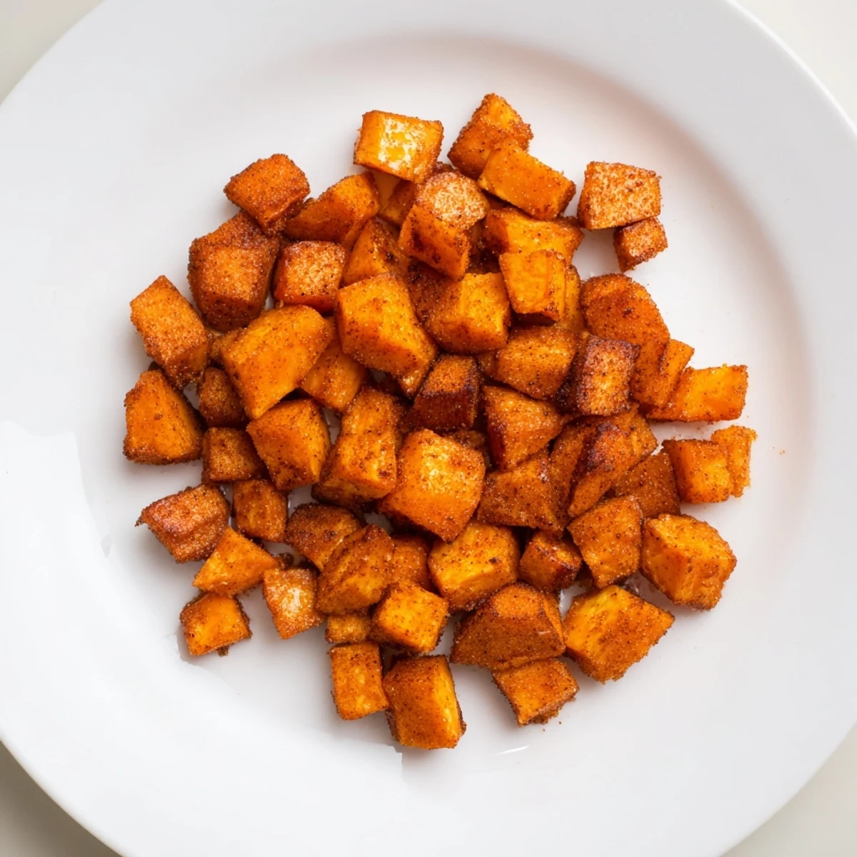 Golden brown roasted sweet potatoes with cinnamon sugar on a baking sheet, glistening with olive oil and spices.