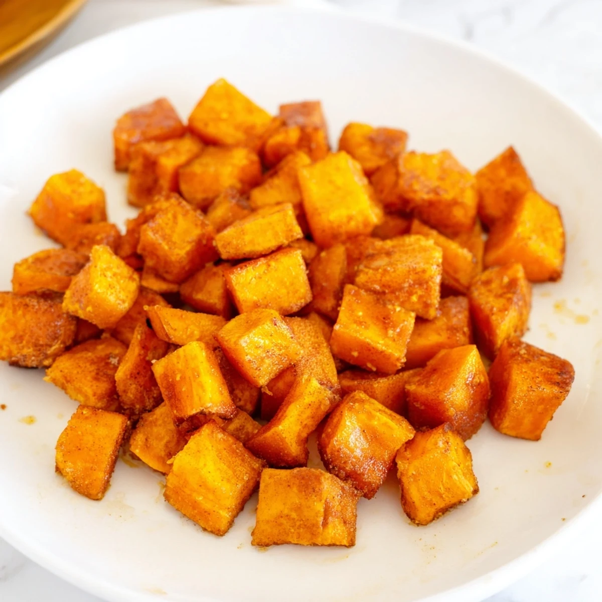 Sweet roasted sweet potatoes with cinnamon sugar tossed in a fragrant blend, ready to serve hot.