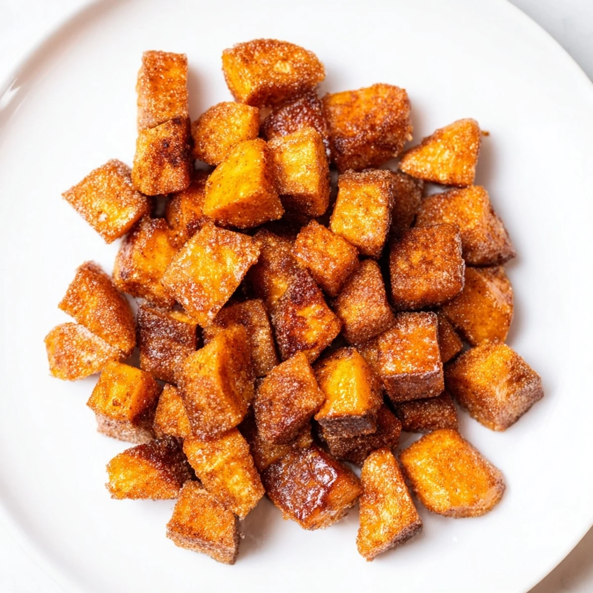 Perfectly caramelized roasted sweet potatoes with cinnamon sugar served as a warm American side dish.