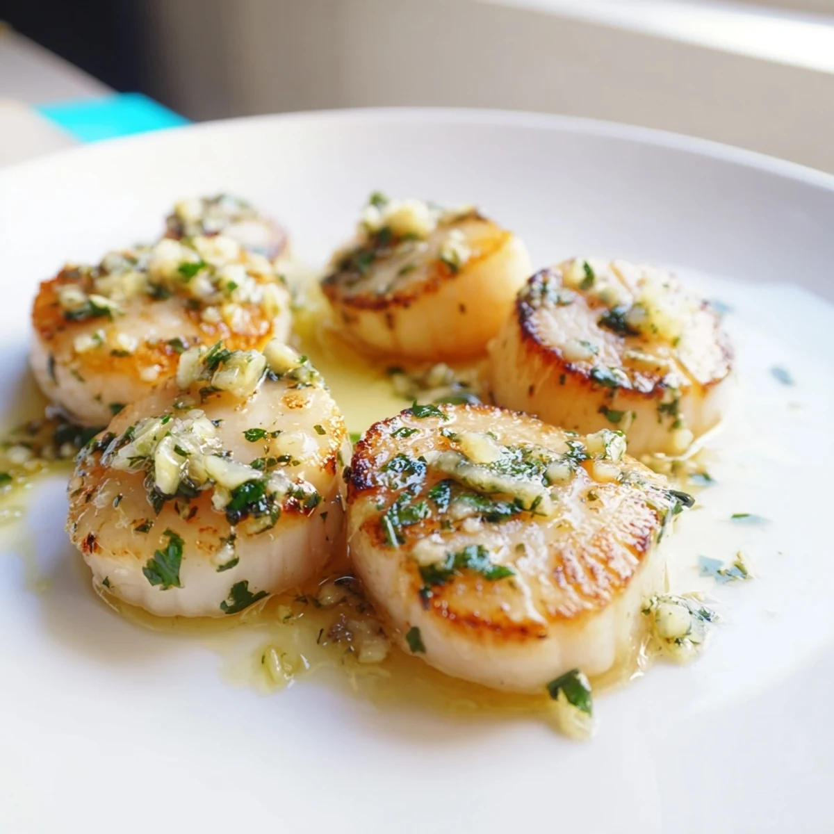 Fresh parsley garnishes tender Lemon Garlic Scallops with Parsley beside a lemon wedge on a plate.