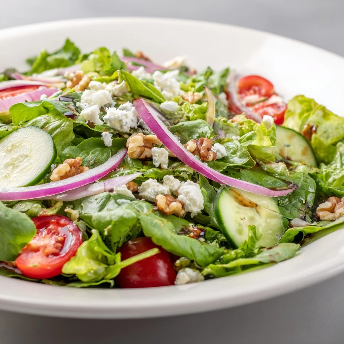 A vibrant Spring Mix Salad with Balsamic Vinaigrette tossed with cherry tomatoes and cucumbers.